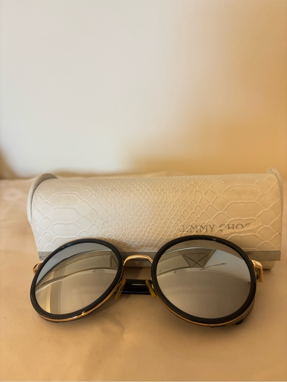 Jimmy Choo Black and Gold Round Sunglasses with White Snake-Texture Case